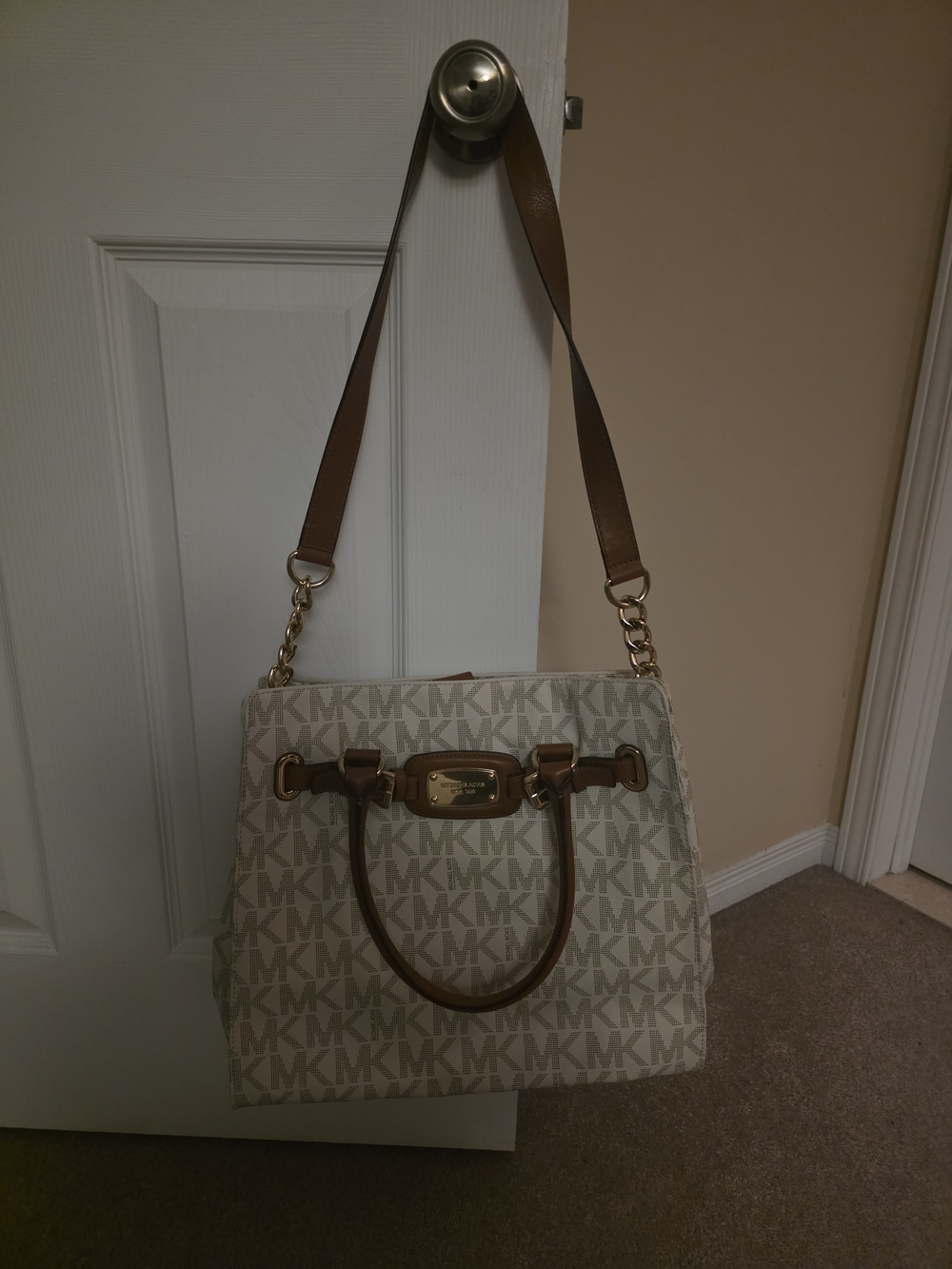 Michael Kors Beige/Acorn MK Logo Satchel with Gold Hardware